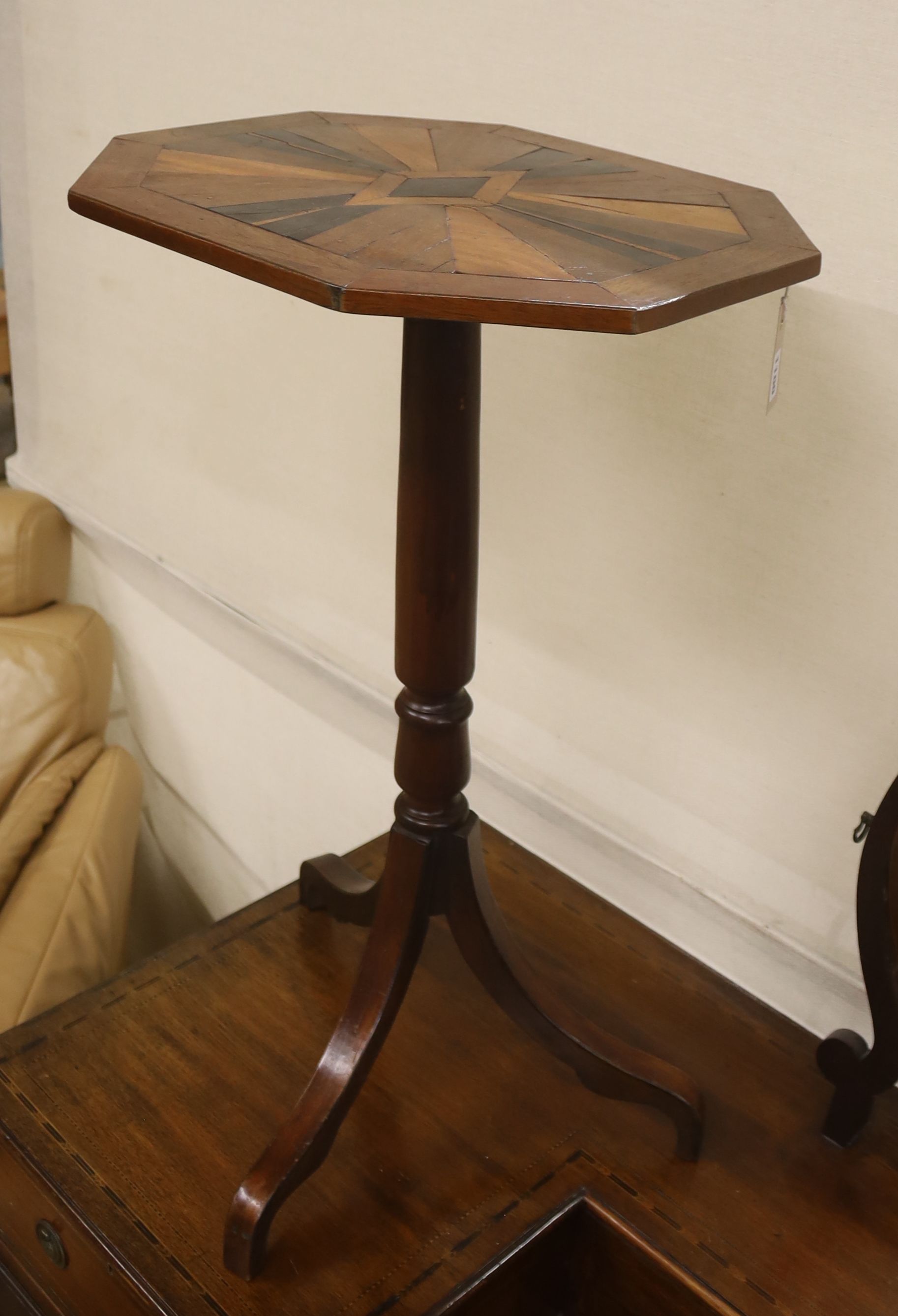 A pair of Regency design parquetry inlaid octagonal tripod wine tables, width 45cm, depth 39cm, height 74cm
